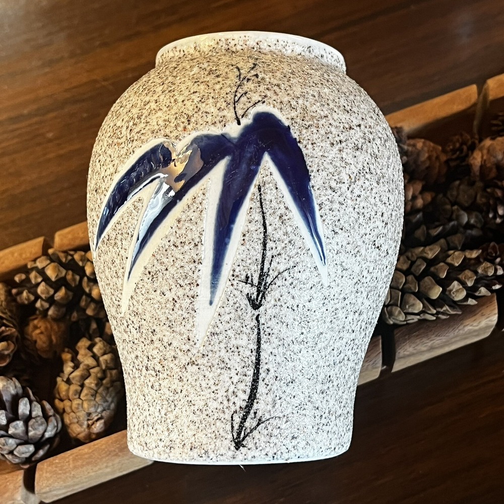 Vintage Vase Sand Glazed Textured Bamboo Leaf Asian Design Art Decor Cobalt Blue
